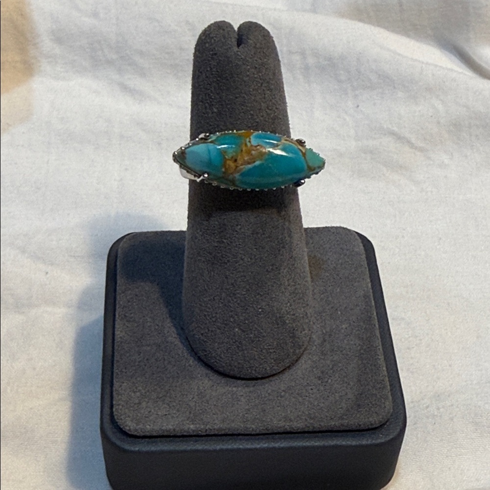 Elongated Marquis Navajo Turquoise Ring in Sterling Silver